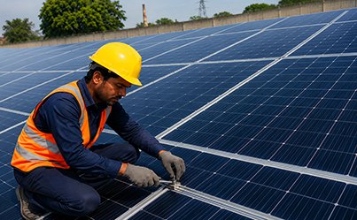 Technician working on solar panels